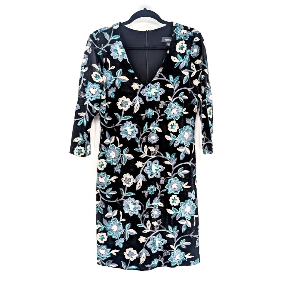 Karen Kane Black Turquise Floral Embroidered Velvet Sheath Dress Size Large